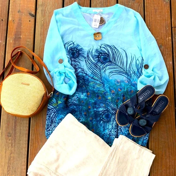 NWT Peacock Blue Sheer Tunic-Large - Picture 1 of 5